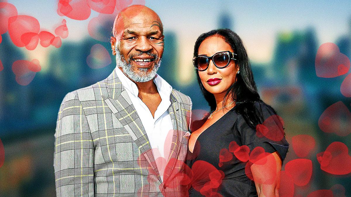 Mike Tyson and Lakiha Spicer surrounded by hearts.