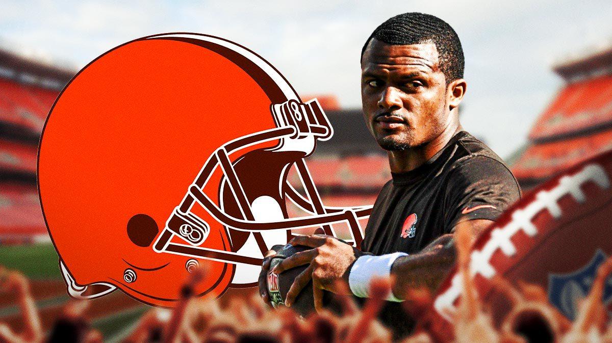 Browns quarterback Deshaun Watson looks at fans after injury update, NFL free agency reporters stand on sidelines