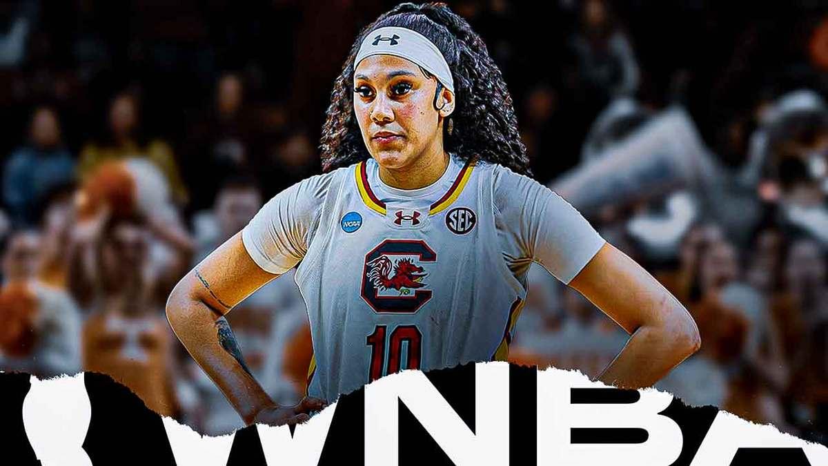 South Carolina women’s basketball player Kamilla Cardoso with the WNBA logo