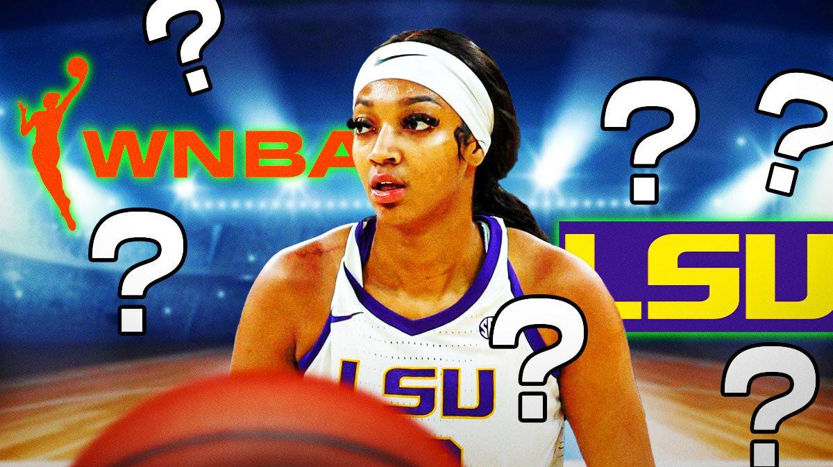 - LSU women’s basketball player Angel Reese in the center, with the WNBA logo on one side, and the Louisiana State University logo on the other side, with question marks