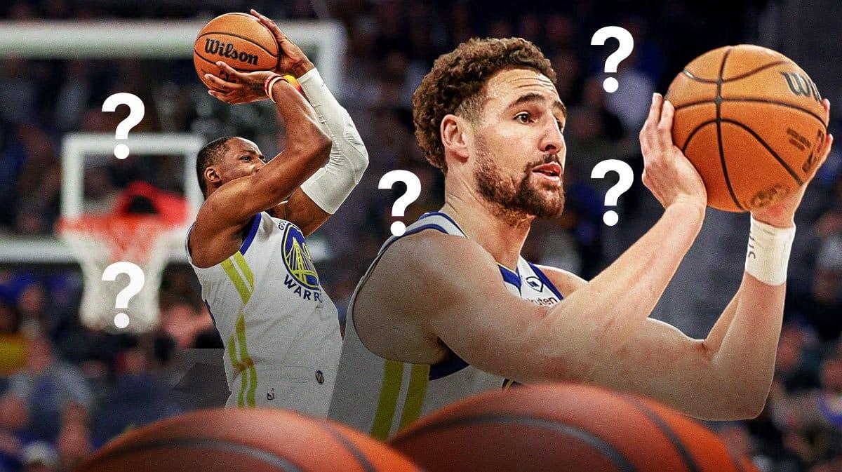 Warriors' Klay Thompson, Warriors' Jonathan Kuminga both shooting basketballs. Place question marks everywhere.