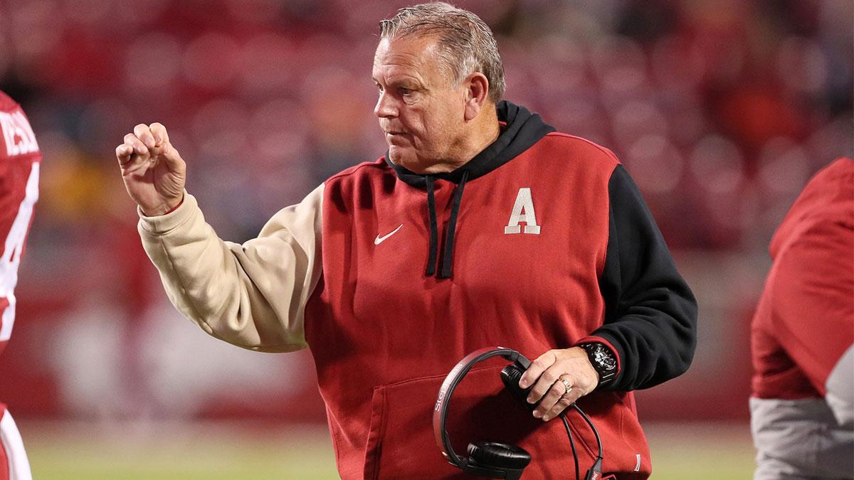 Arkansas Razorbacks head coach Sam Pittman during the fourth quarter against the Missouri Tigers at Donald W. Reynolds Razorback Stadium. Missouri won 48-14.