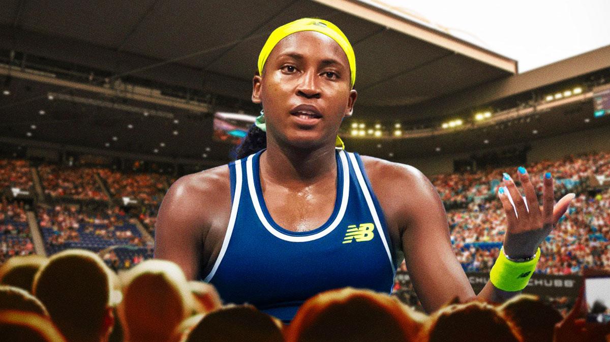 U.S.A. women's tennis player Coco Gauff, on a tennis court, with a concerned or worried expression on her face