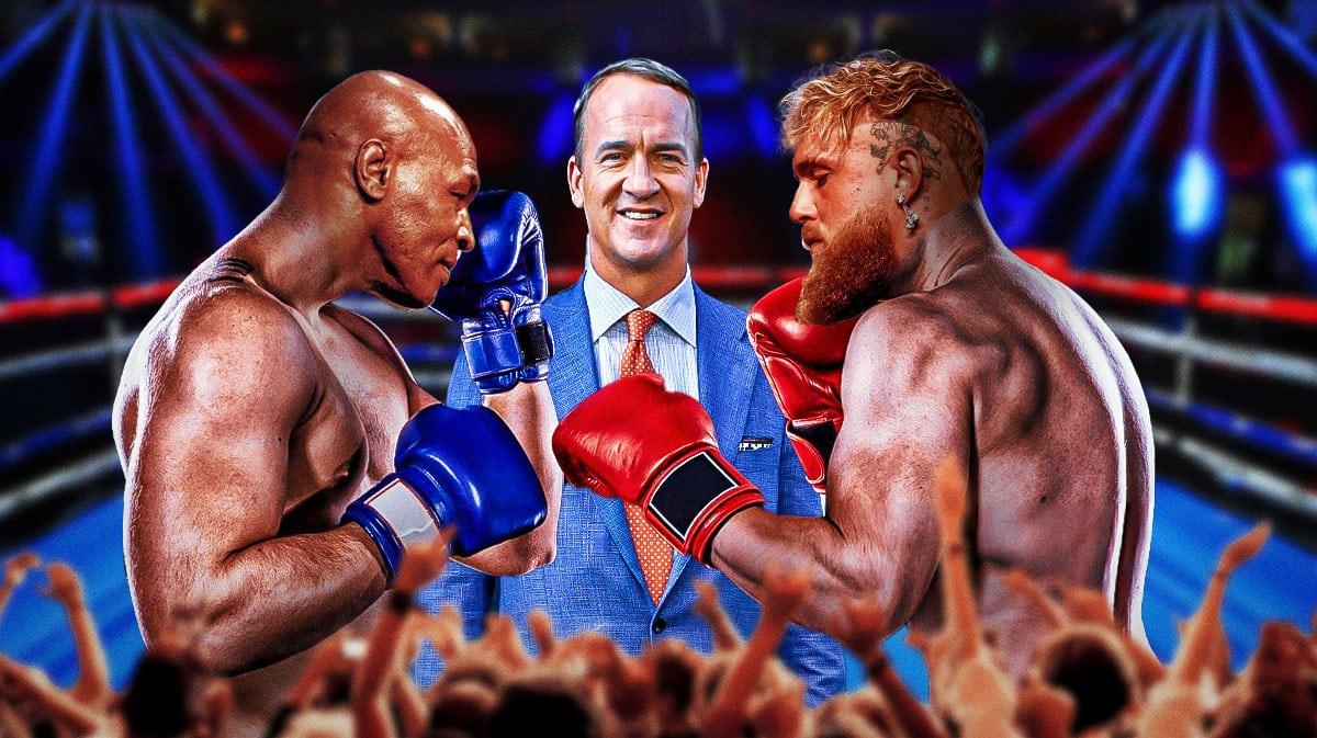 Peyton Manning's face copied and pasted onto a man standing in a boxing press conference between two angry fighters with Mike Tyson's face copied and pasted onto the man on the right and Jake Paul's face copied and pasted onto the man on the left.