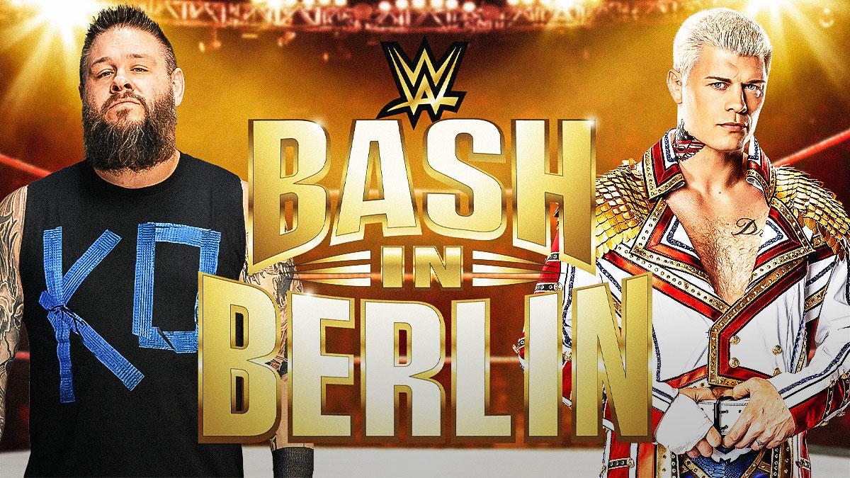 Kevin Owens and Cody Rhodes in front of the Bash In Berlin logo as the background.