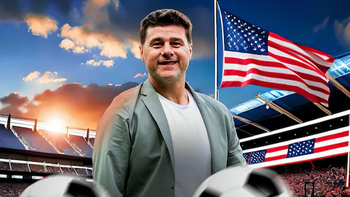 Mauricio Pochettino with American flags behind him