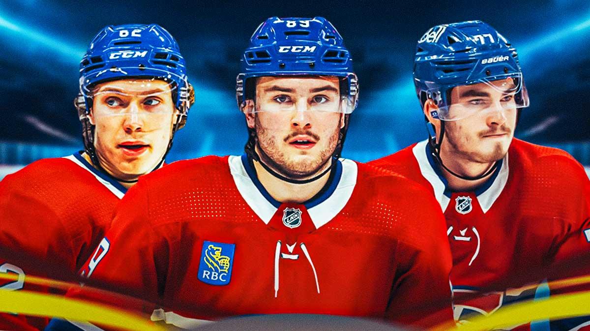 Owen Beck, Kirby Dach, and Joshua Roy in Canadiens uniforms.