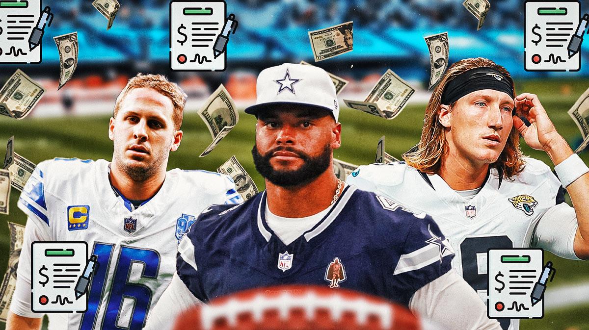 Dak Prescott in the middle. Around him are Trevor Lawrence and Jared Goff. Cash money and contracts all around the graphic