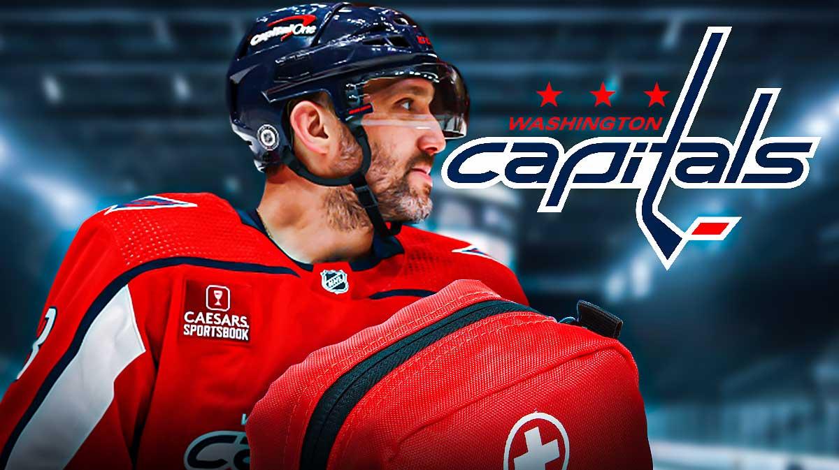 Alex Ovechkin in image looking stern, Washington Capitals logo, first aid kit, hockey rink in background