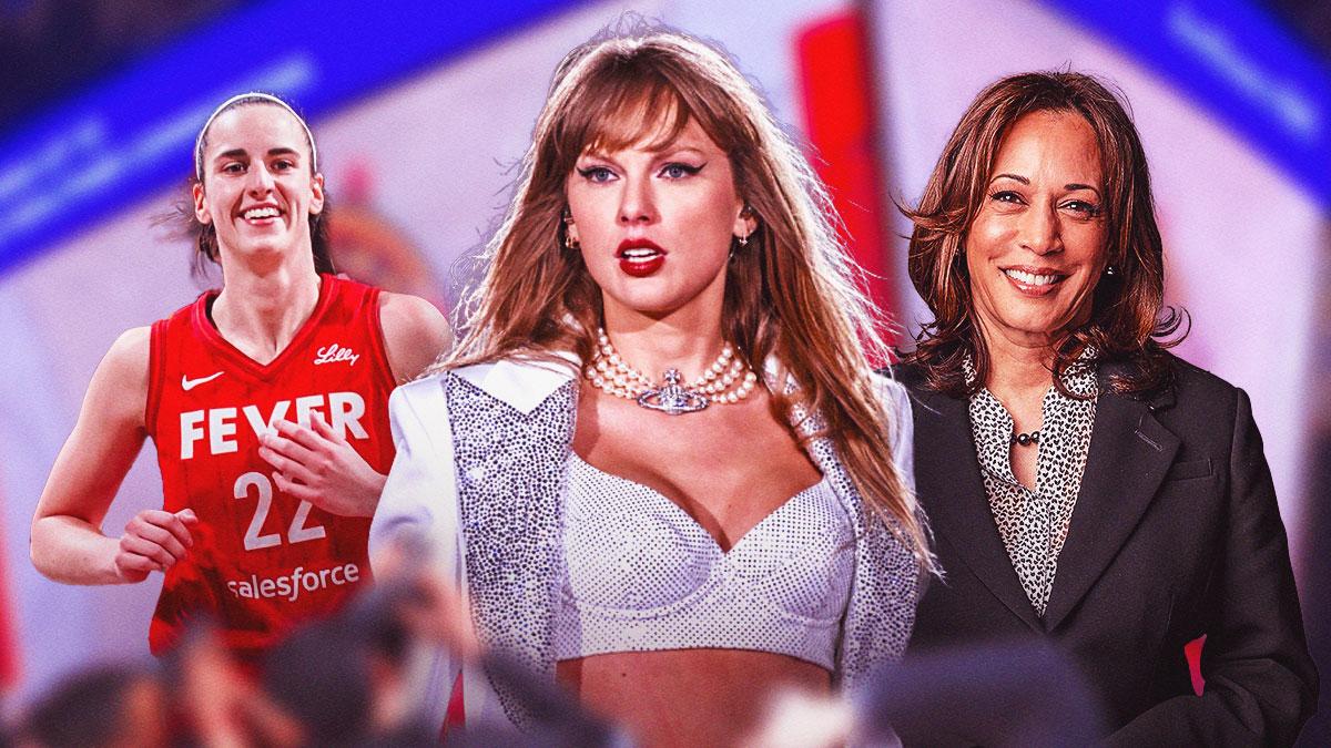 Caitlin Clark smiles next to Taylor Swift and Kamala Harris