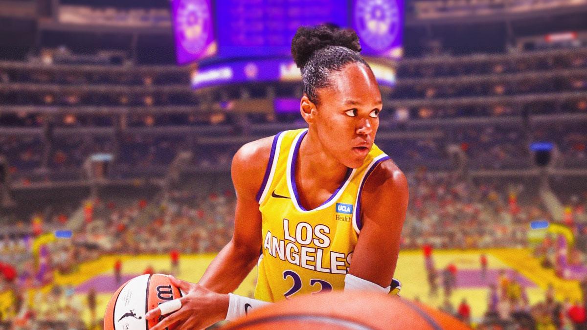 LA Sparks player Azura Stevens with the LA Sparks arena in the background, WNBA season