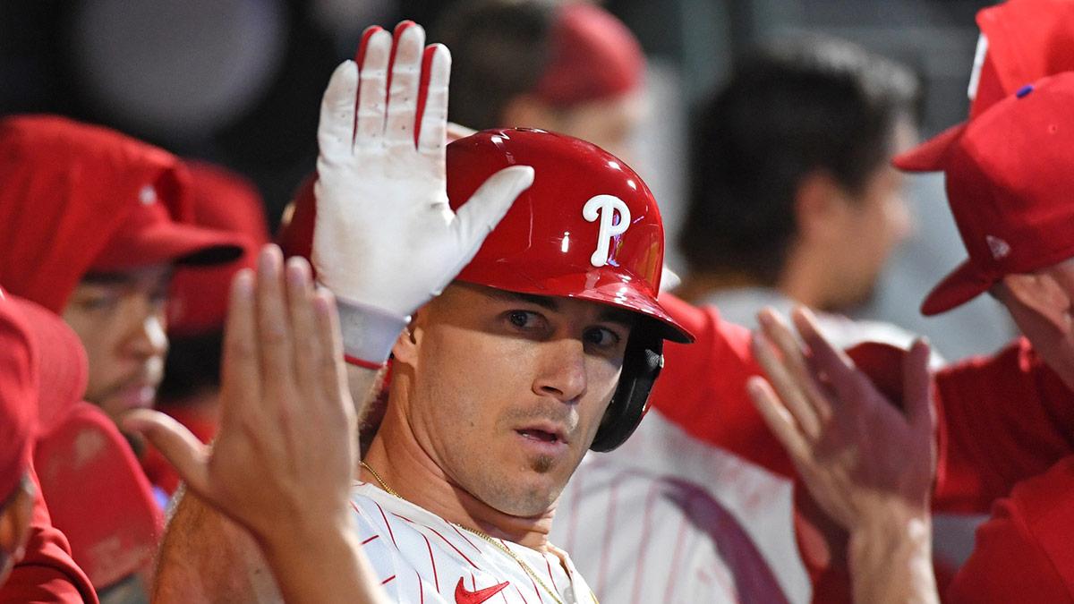 Philadelphia Phillies catcher J.T. Realmuto (10) celebrates his two-run home run during the second inning against the Chicago Cubs at Citizens Bank Park.
