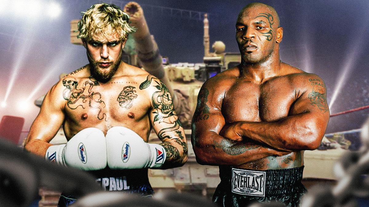 Jake Paul vs Mike Tyson with tanks in the background