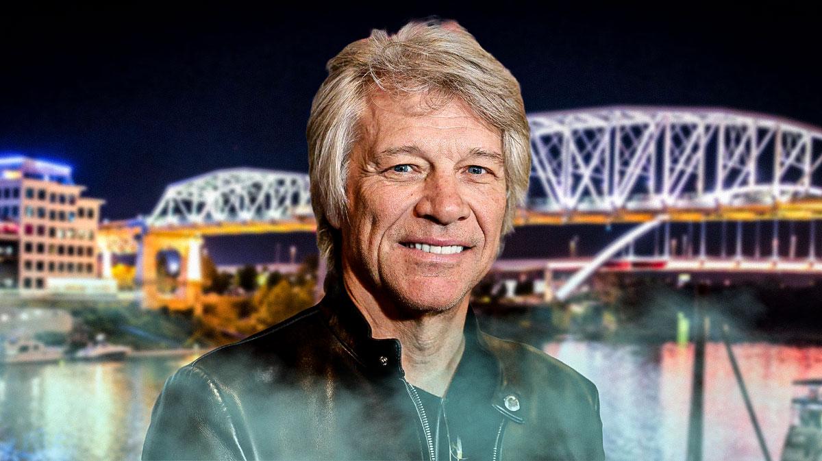 Jon Bon Jovi with John Seigenthaler Pedestrian Bridge in Nashville, Tennessee, in background where he saved woman's life.