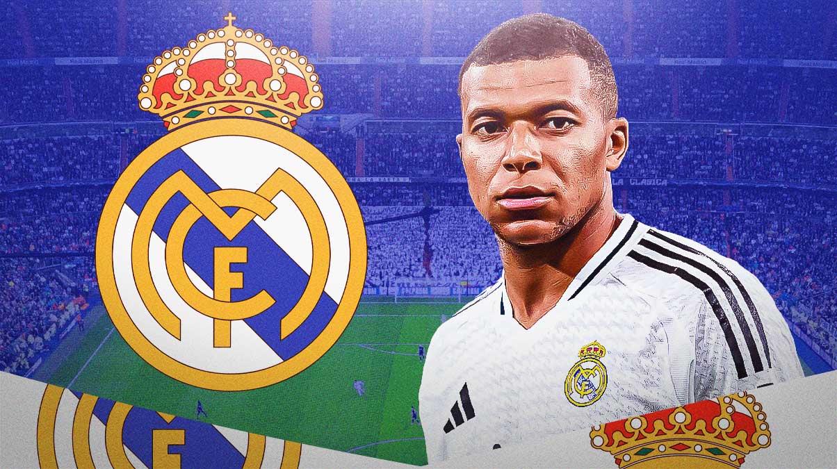 Real Madrid logo on left side, Real Madrid forward Kylian Mbappe on right side, Santiago Bernabeu (home stadium of Real Madrid FC) in background