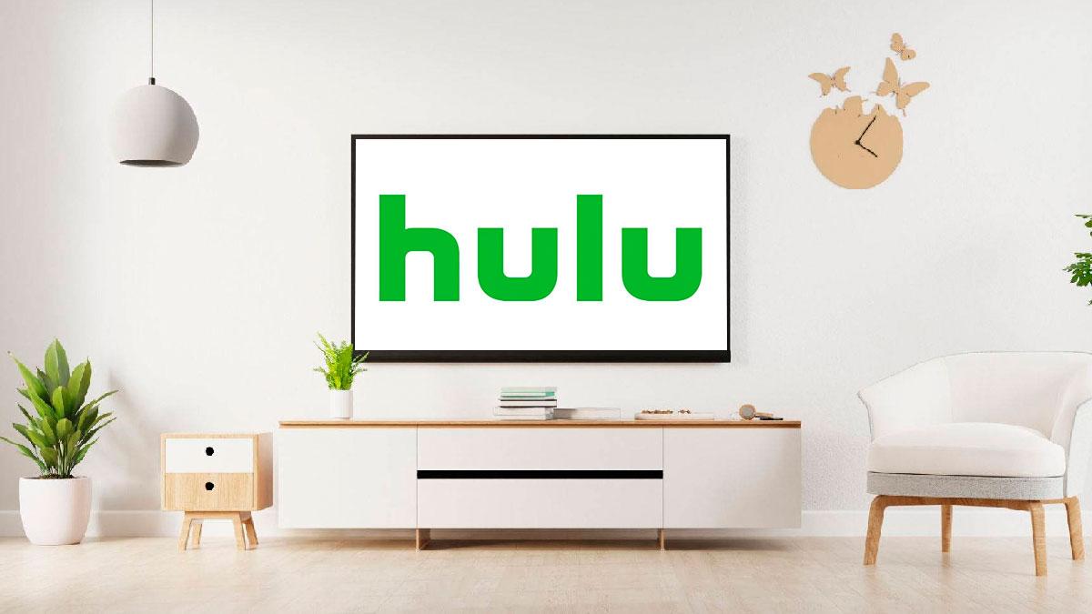 Hulu logo on TV in living room.