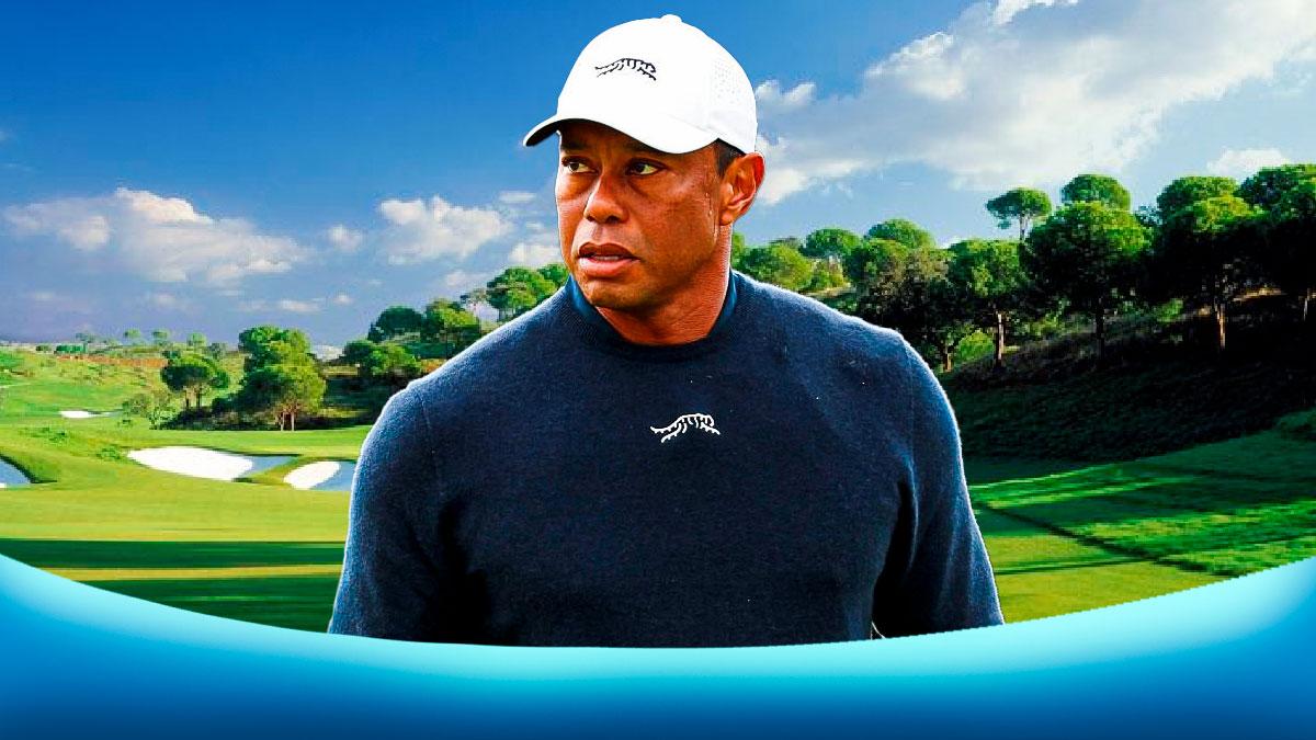 Tiger Woods ooking serious with golf course behind