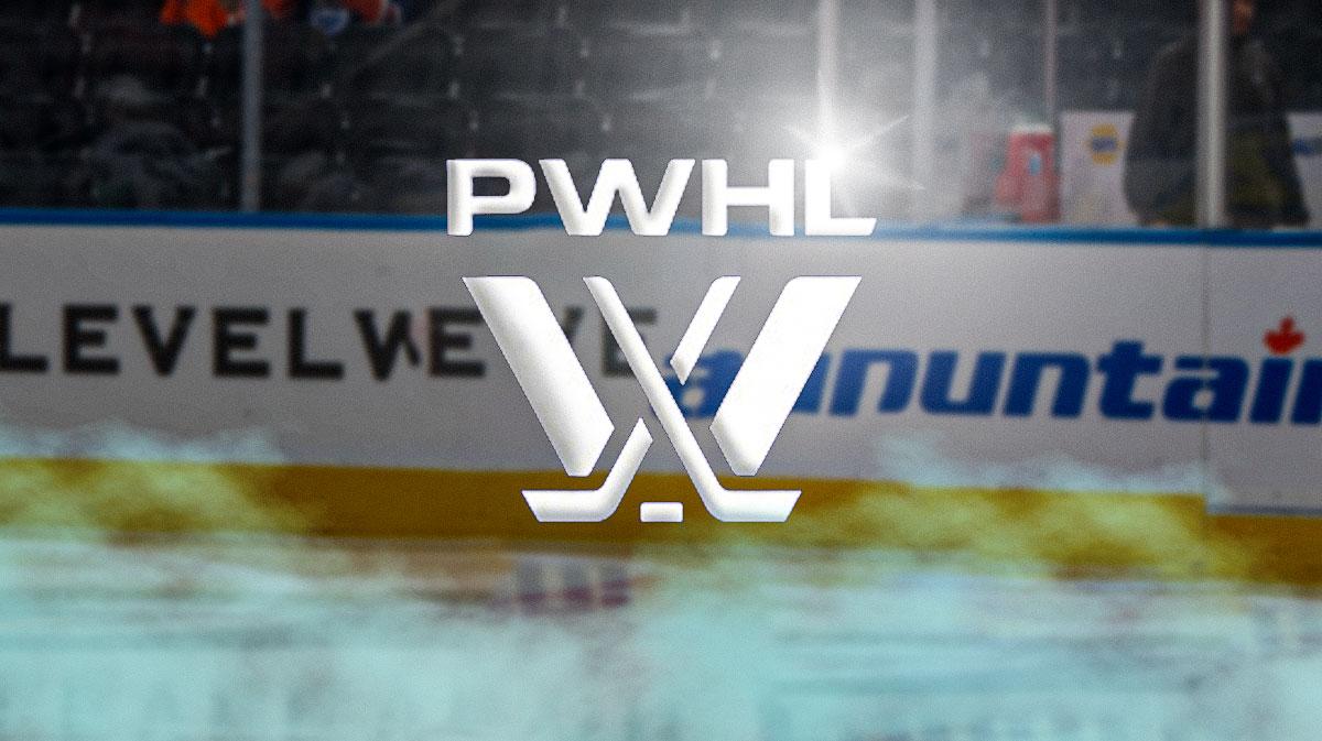 The PWHL/Professional Women's Hockey League logo on a a hockey rink