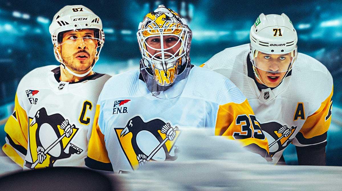 Sidney Crosby, Tristan Jarry, and Evgeni Malkin