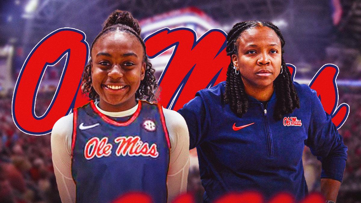 High school basketball player Lauren Jacobs in an Ole Miss basketball jersey, alongside Ole Miss women's basketball head coach Yolett McPhee-McCuin. Have the Ole Miss Rebels logo in the background, commitment