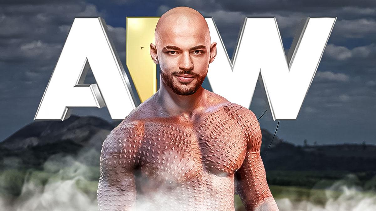 Ricochet's head on Killmonger from Black Panther's body with the AEW logo as the background.