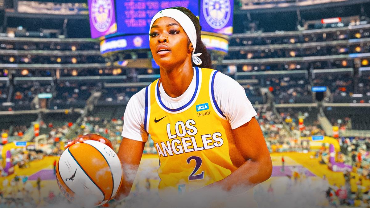 LA Sparks player Rickea Jackson with the LA Sparks arena in the background, rookie