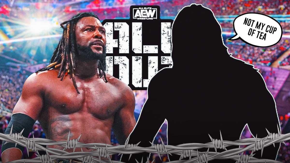 The blacked-out silhouette of Booker T with a text bubble reading "Not my cup of tea" next to Swerve Strickland with the AEW All Out logo as the background.