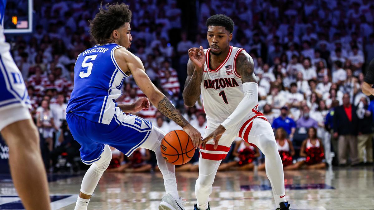 Duke Blue Devils guard Tyrese Proctor (5) steals the ball from Arizona Wildcats guard Caleb Love (1) during the second half at McKale Center.