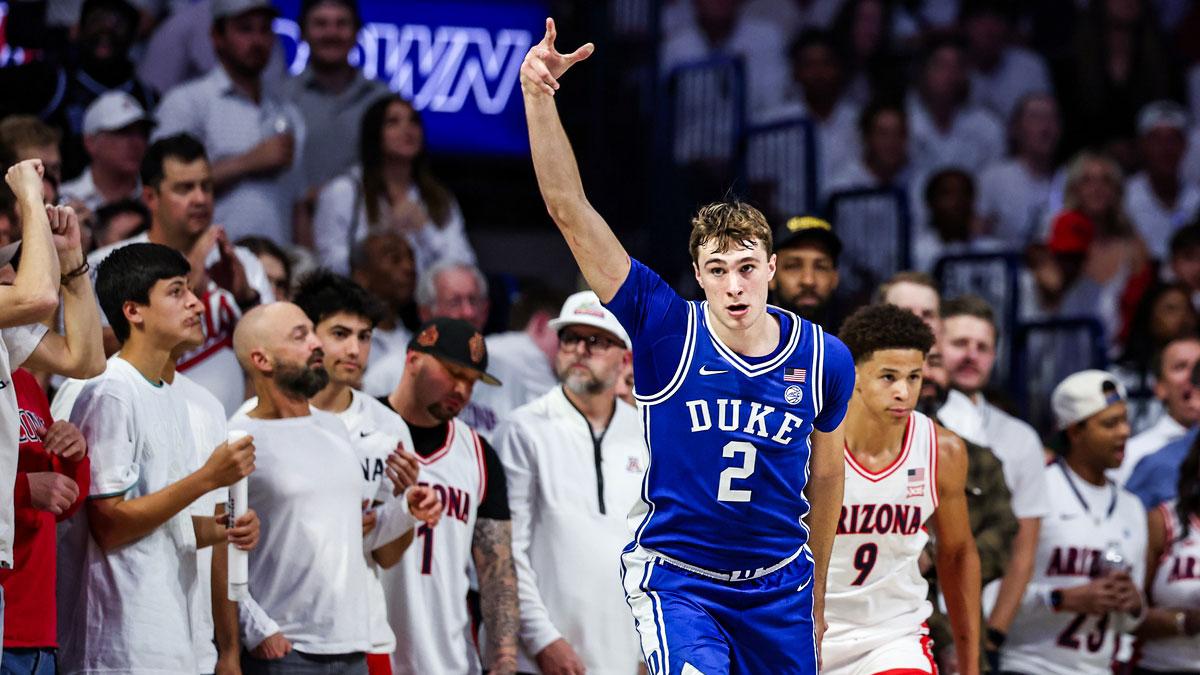 Duke Blue Devils forward Cooper Flagg (2) celebrates a three pointer made during the second half against the Arizona Wildcat at McKale Center.