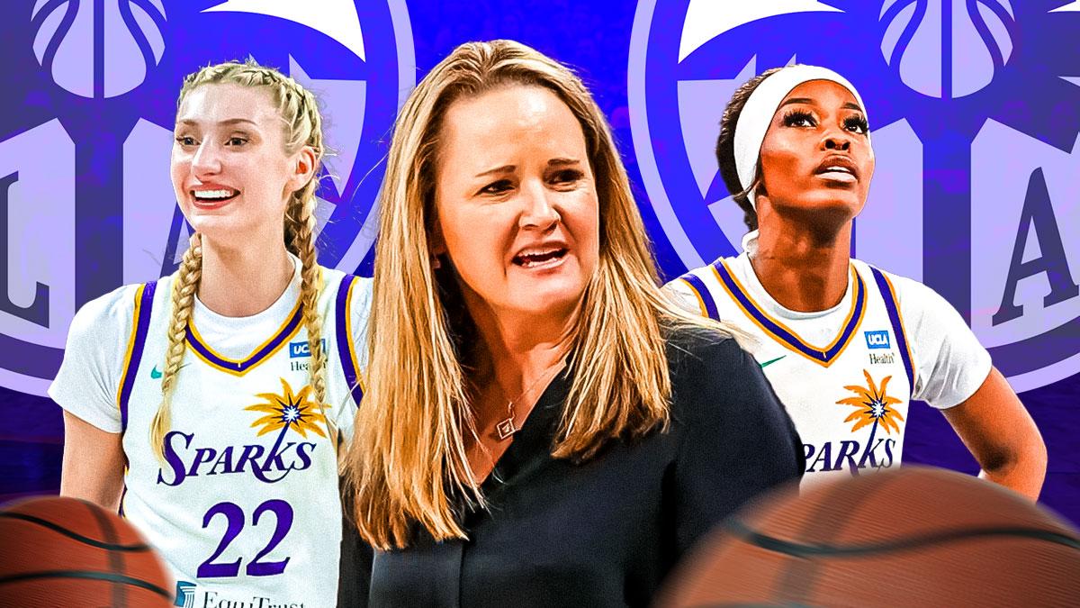 New LA Sparks head coach Lynne Roberts in the middle. Have LA Sparks player Cameron Brink on one side of her. Have LA Sparks player Rickea Jackson on the other side. Have the Sparks logo in the background, roster coach