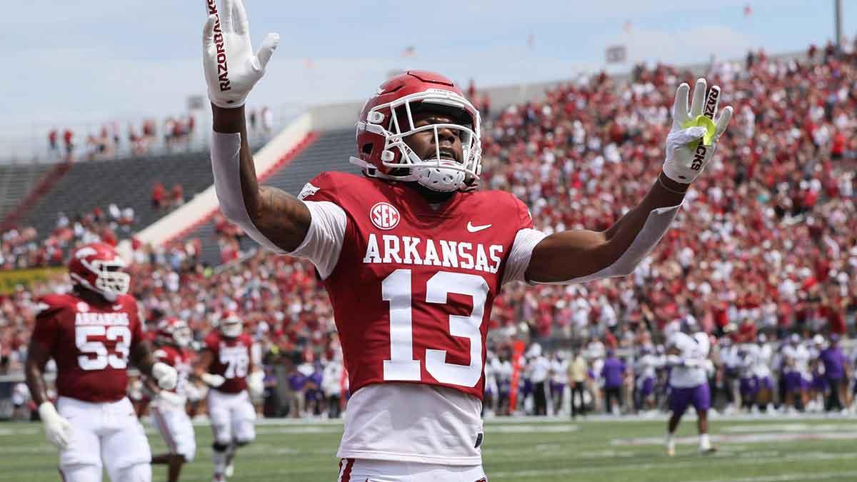 Arkansas Razorbacks wide receiver Jaedon Wilson (13) celebrates after scoring a touchdown in the first quarter against the Western Carolina Catamounts at War Memorial Stadium.