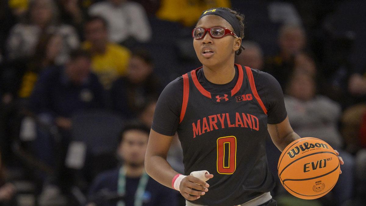 Mar 9, 2024; Minneapolis, MN, USA; Maryland Terrapins guard Shyanne Sellers (0) brings the ball up-court against the Nebraska Cornhuskers during the first half of a Big Ten Women's Basketball tournament semifinal at Target Center. Mandatory Credit: Nick Wosika-Imagn Images