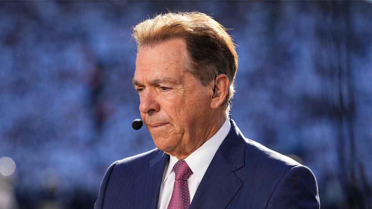 Nick Saban sits on the ESPN College Gameday set prior to the NCAA football game between the Penn State Nittany Lions and the Ohio State Buckeyes at Beaver Stadium in University Park, Pa. on Saturday, Nov. 2, 2024.