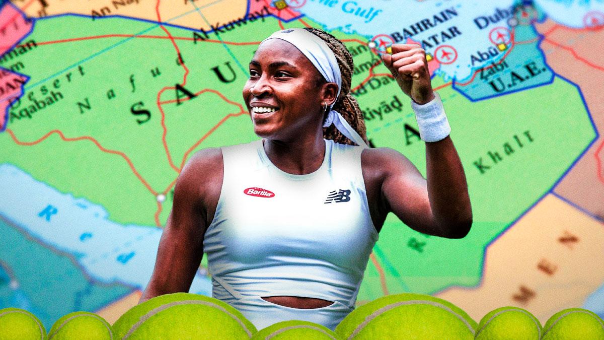 Women's tennis player Coco Gauff, and the country of Saudi Arabia on a map in the background, with tennis balls bordering the graphic