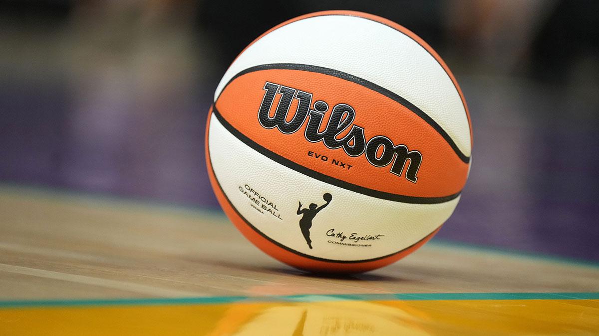 A Wilson Evo NXT official WNBA basketball on the court at Crypto.com Arena.