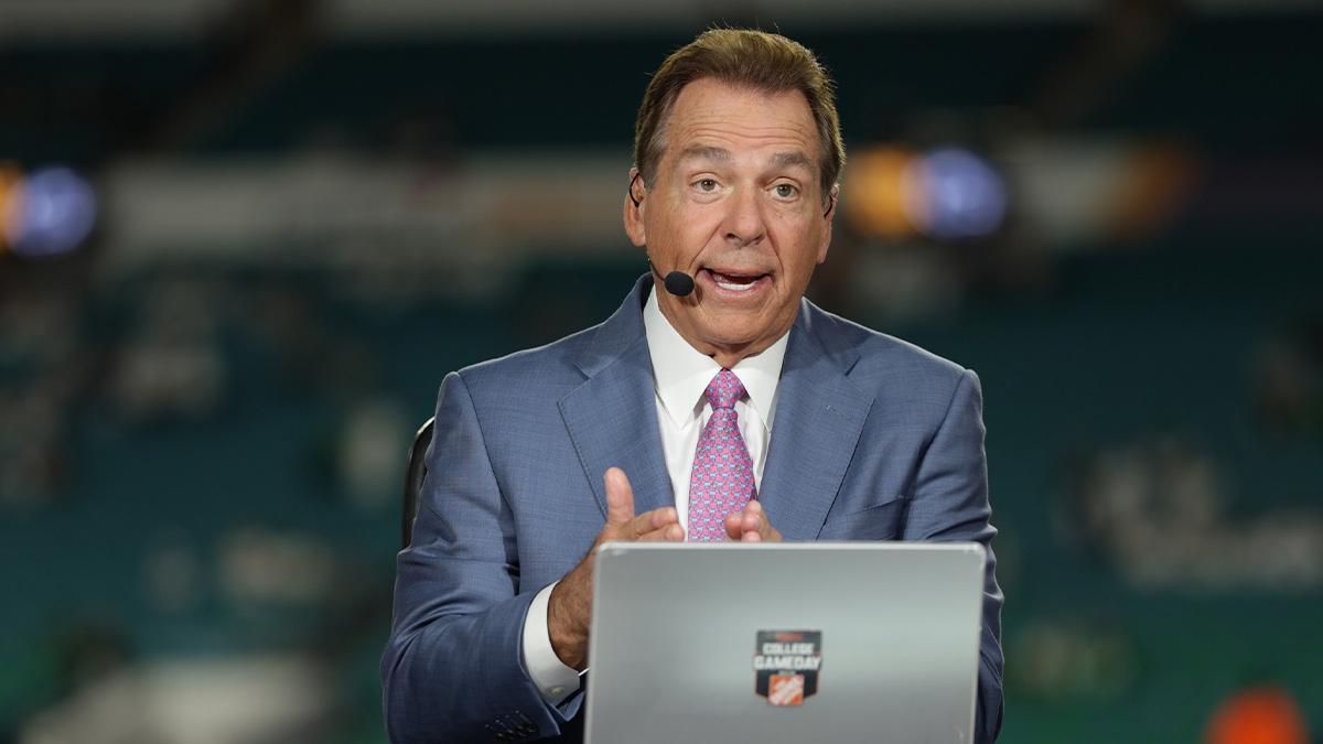 ESPN analyst Nick Saban before the game between the Notre Dame Fighting Irish and the Penn State Nittany Lions in the Orange Bowl at Hard Rock Stadium.