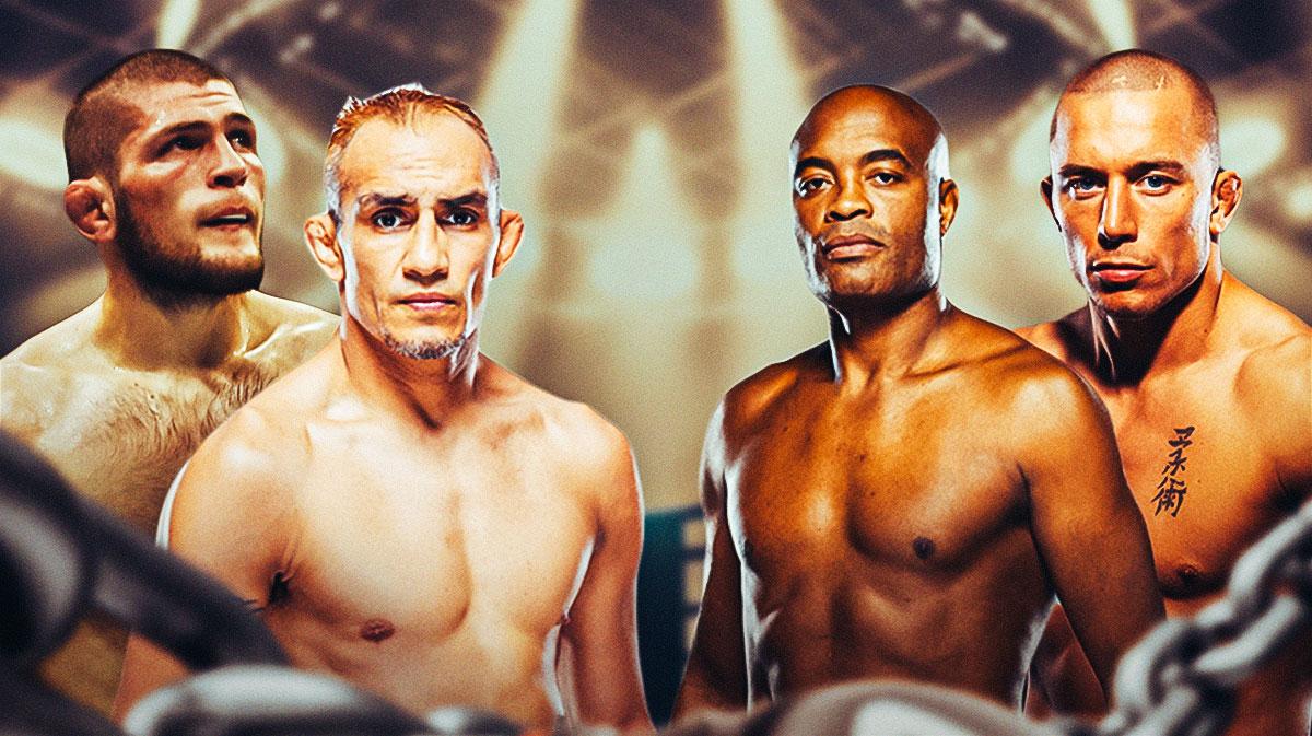 Left side of graphic is Khabib Nurmagomedov and Tony Ferguson together. Right side of graphic is Georges St-Pierre and Anderson Silva together.