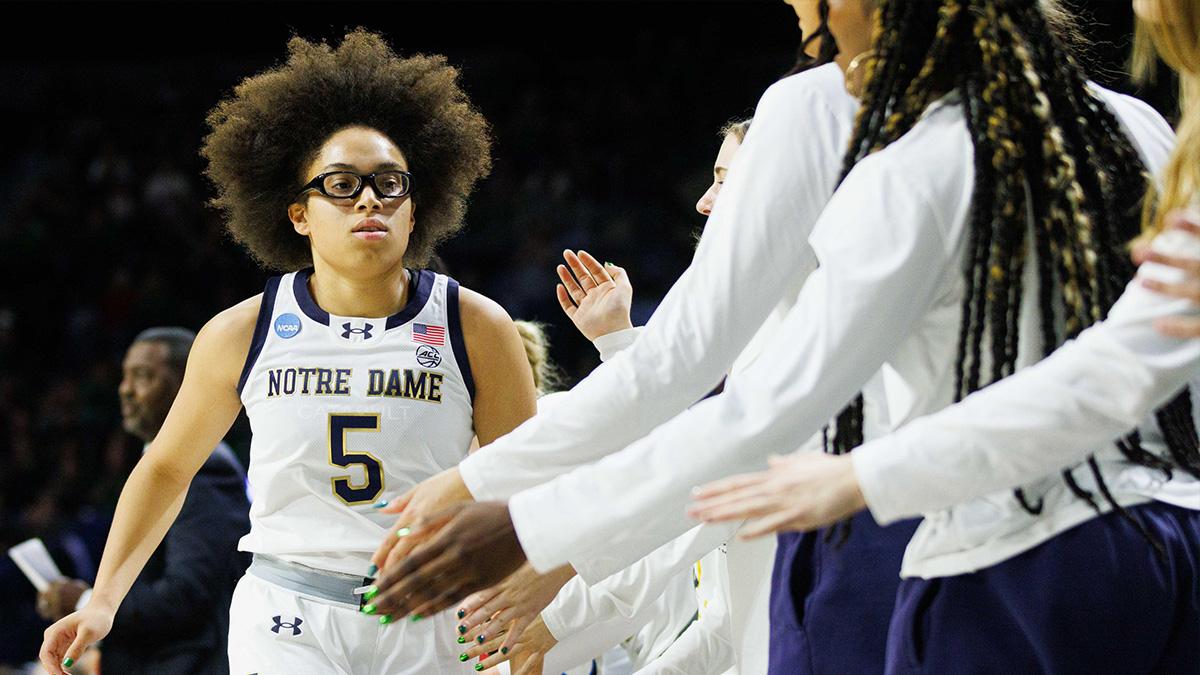 Notre Dame guard Olivia Miles (5) is checked out of the second round of the NCAA Women's Basketball Tournament between Notre Dame and Michigan at Purcell Pavilion on Sunday, March 23, 2025, in South Bend.