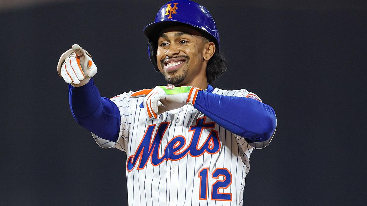 May 27, 2025; New York City, New York, USA; New York Mets shortstop Francisco Lindor (12) reacts after hitting a double during the sixth inning against the Chicago White Sox at Citi Field.