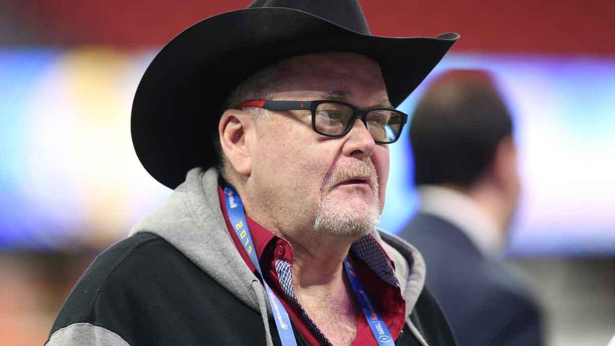 Professional wrestling commentator Jim Ross looks on before the 2019 Peach Bowl college football playoff semifinal game between the LSU Tigers and the Oklahoma Sooners at Mercedes Benz Stadium.