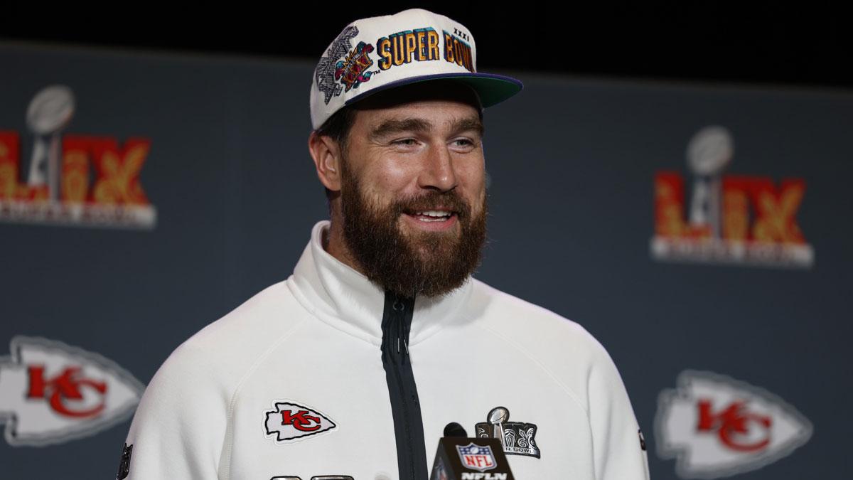 Kansas City Chiefs tight end Travis Kelce (87) during a press conference in advance of Super Bowl LIX at New Orleans Marriott.