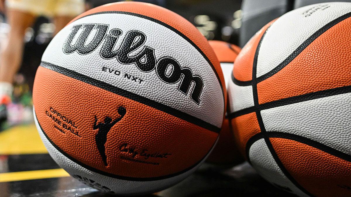 WNBA commisioner's cup basketballs sit ready before the game between the Indiana Fever and the Brazil National Team at Carver-Haweye Arena.