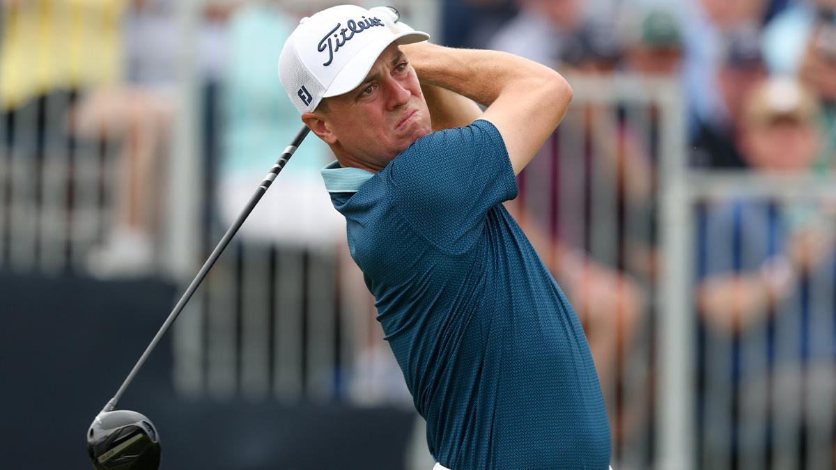Justin Thomas plays his shot from the third tee during the second round of the U.S. Open golf tournament.
