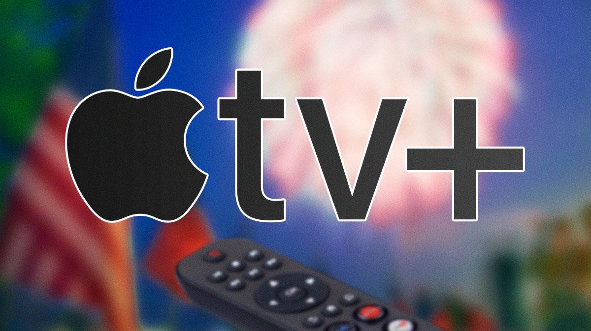 Apple TV+ logo with July 4 background.