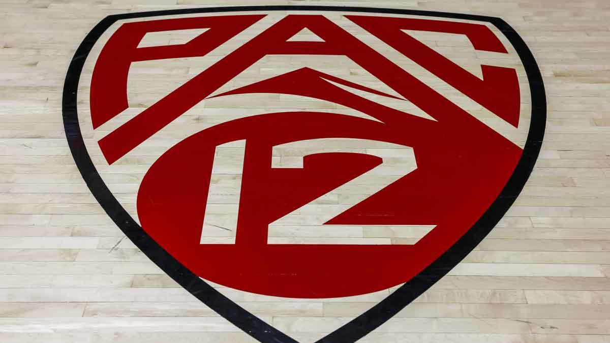 A general view of the Pac-12 logo at the Jon M. Huntsman Center before the game between the Utah Utes and the Arizona State Sun Devils.