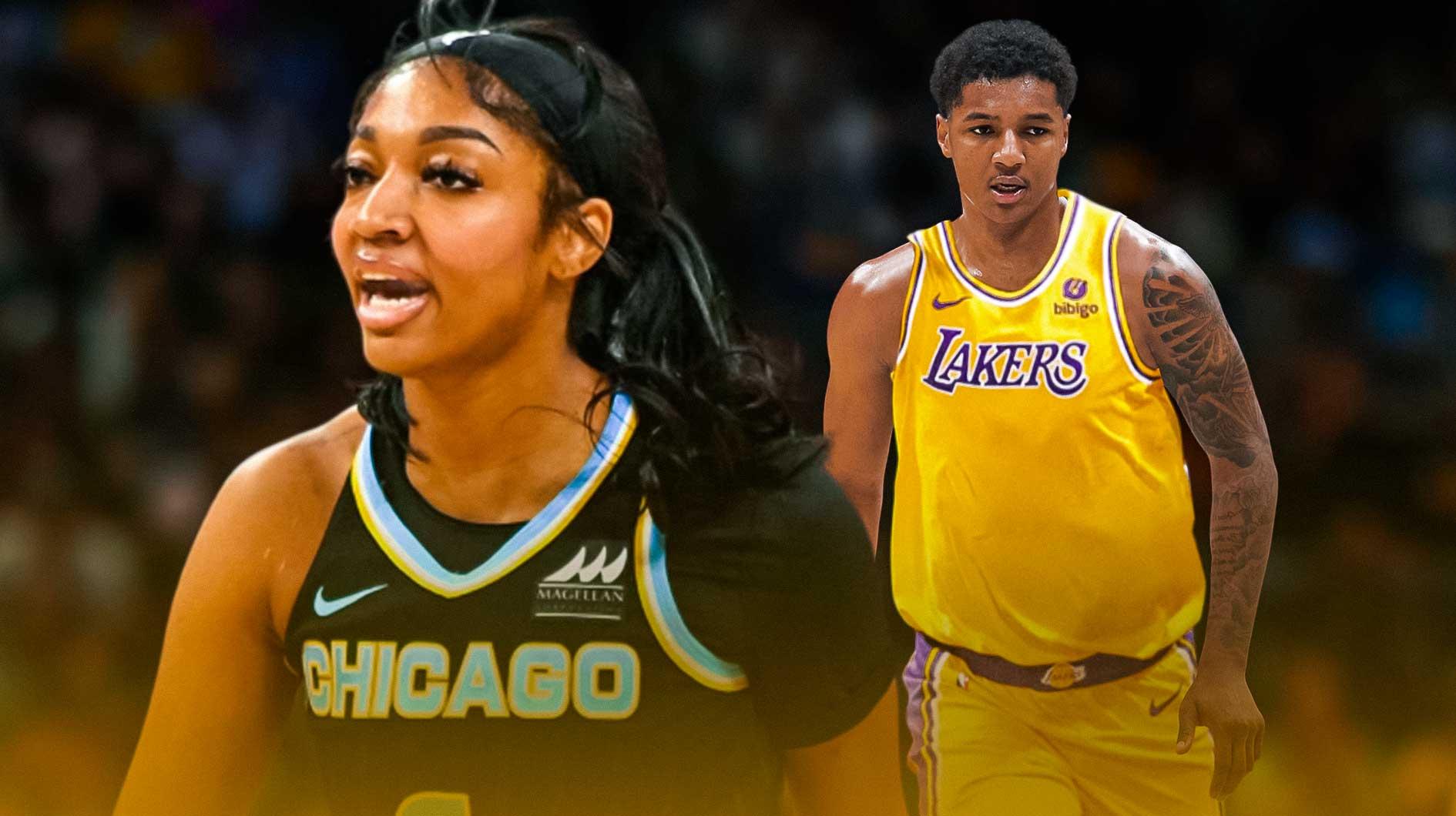 Chicago Sky player Angel Reese alongside college basketball player Julian Reese. Have Julian Reese in a LA Lakers jersey, brother