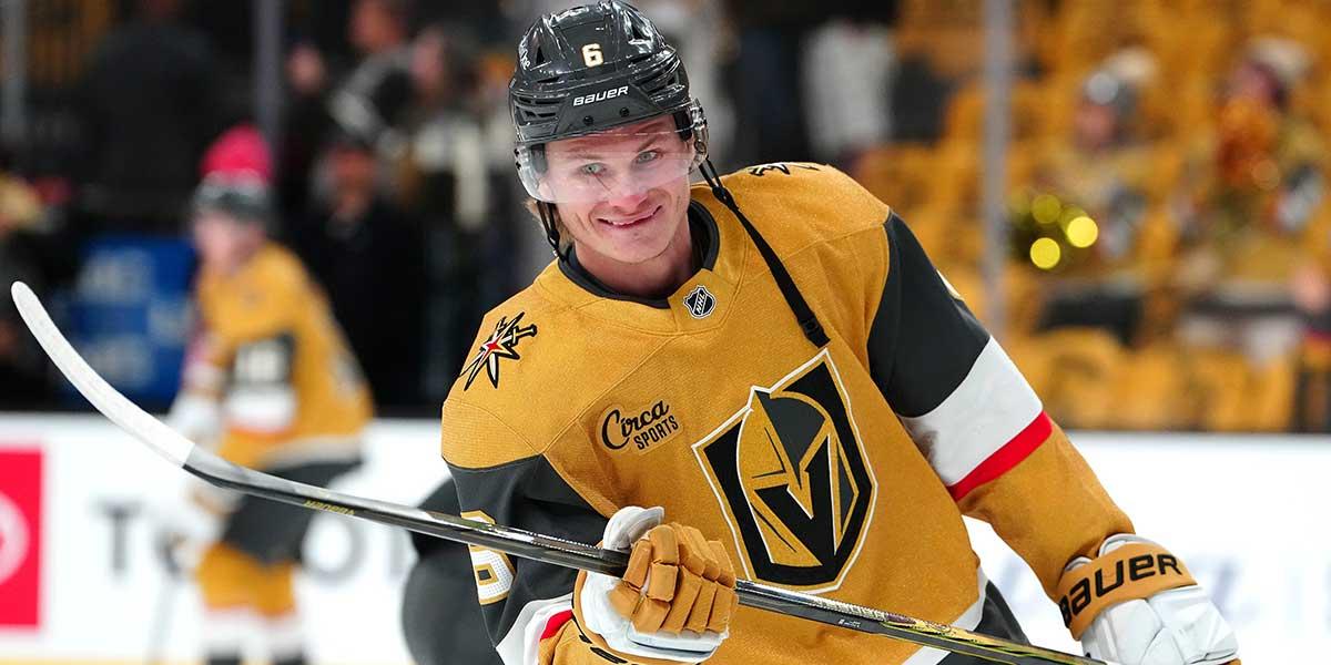 Vegas Golden Knights defenseman Kaedan Korczak (6) warms up before a game against the Edmonton Oilers at T-Mobile Arena.