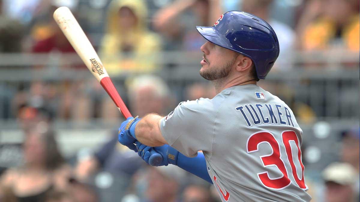 May 1, 2025; Pittsburgh, Pennsylvania, USA; Chicago Cubs right fielder Kyle Tucker (30) hits a solo home run against the Pittsburgh Pirates during the fifth inning at PNC Park. Mandatory Credit: Charles LeClaire-Imagn Images
