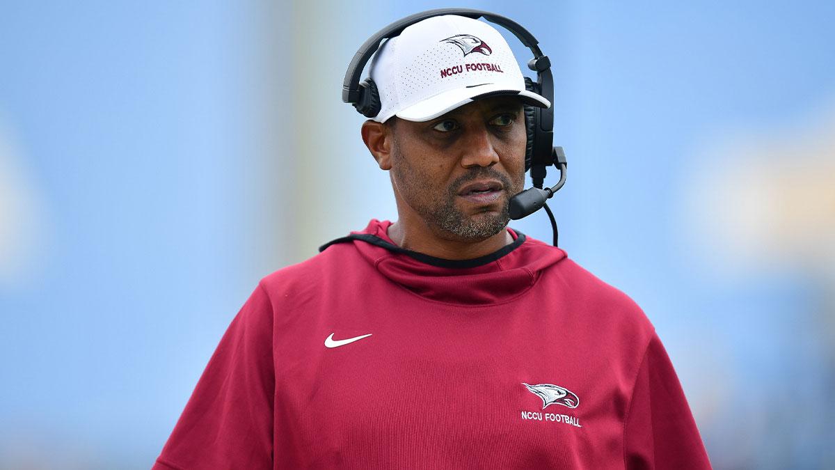 North Carolina Central Eagles head coach Trei Oliver watches game action against the UCLA Bruins during the second half at Rose Bowl.