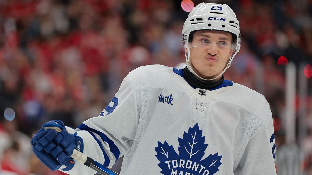 Toronto Maple Leafs right wing Pontus Holmberg (29) looks on against the Florida Panthers during the first period in game six of the second round of the 2025 Stanley Cup Playoffs at Amerant Bank Arena.